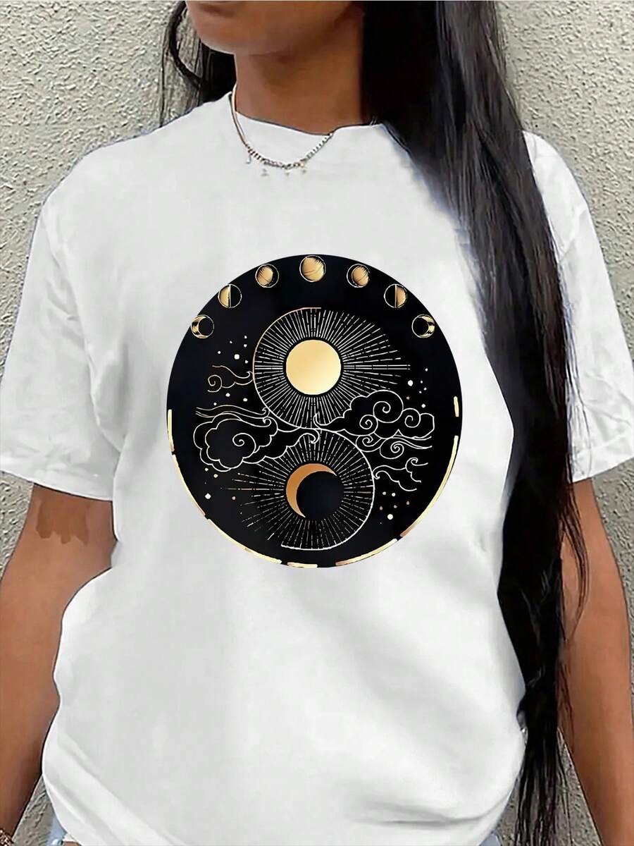 Camiseta de manga corta ligera y duradera con diseño de fases lunares, perfectara uso casual en casa, en cafeterías o al e , que ofrece un uste cómodo para el uso diario.