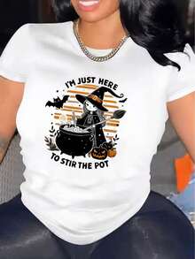 Camiseta casual de manga corta para mujer Halloween, 1 pieza, 100% algodón pesado - Cuello redondo cómodo, suaves y encantadoras camisetas - blanco - Ver 12