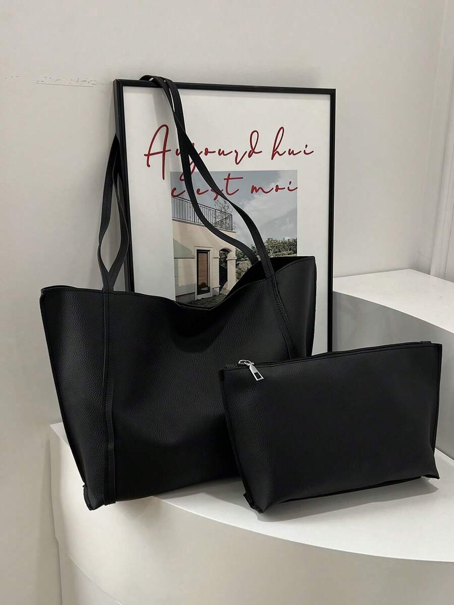 Minimalist Shoulder Tote Bag With Inner Pouch Black Vintage Tote Bag Large Capacity Solid Color Shoulder Bag With Insert Fouch,School Bag,Large Capacity,Portable,Classic Casual,BusinessCasual,For Teen Girls Women College Students,White-Collar Workes, - Black - View 1