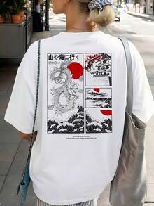 Women's Round Neck Printed Short Sleeve T-Shirt, Casual Loose Fit, Super Soft & Comfortable Fabric, Ins Street Fashion Style, Classic All-Match Graphic Tee, Breathable Lightweight Daily Basic Top, Perfect For Daily Wear, Casual Vacation, Office Commute, Outdoor Going Out, Weekend Gathering, Shopping And Leisure Activities, Ladies  Oversized Casual Pullover T-Shirt - 白色 - 查看 2