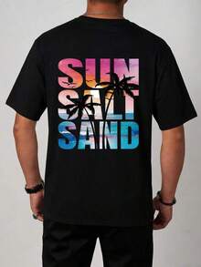 New Men's T-Shirt With Letter And Palm Tree Pattern In Beach Holiday Style, Short Sleeve - Black - View 2