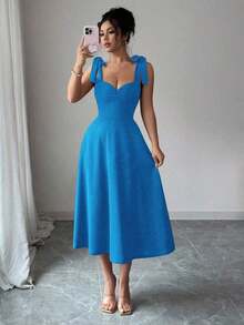 elegante y romántico para mujer con lazo decorativo en la cintura y corte evasé sin mangas - Azul - Ver 1