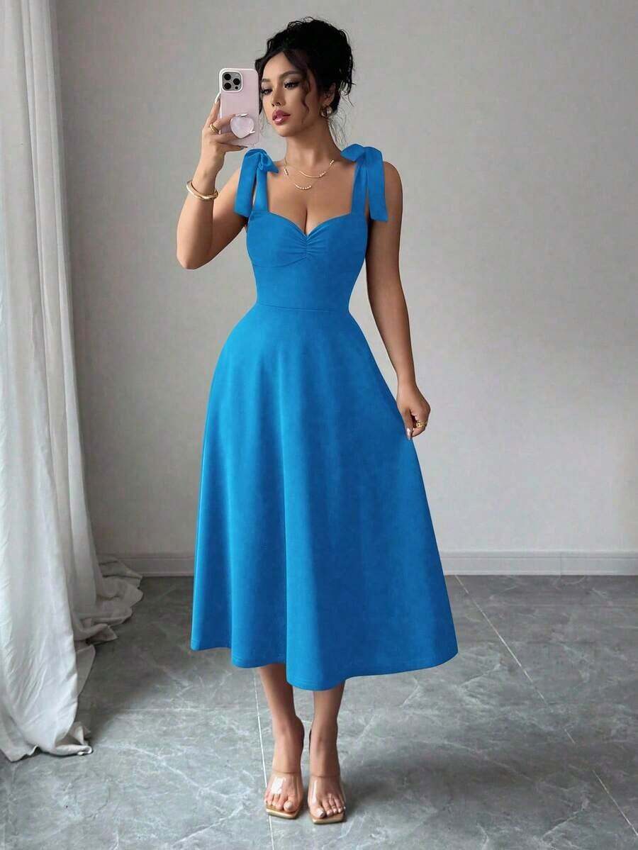elegante y romántico para mujer con lazo decorativo en la cintura y corte evasé sin mangas - Azul - Ver 1