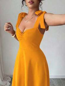 elegante y romántico para mujer con lazo decorativo en la cintura y corte evasé sin mangas - Naranja - Ver 3