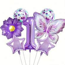 7pcs Purple Butterfly Balloon Set, Suitable For Purple Birthday Theme Party, Sunflower Decor - Multicolor - View 1