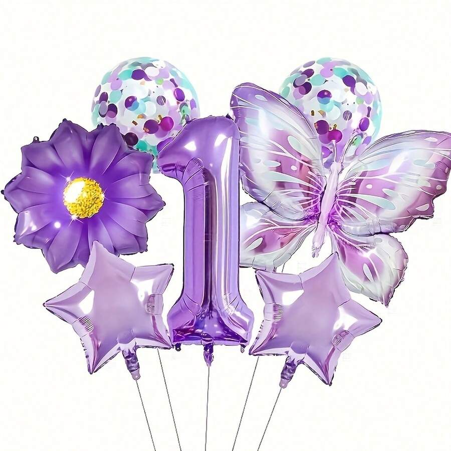 7pcs Purple Butterfly Balloon Set, Suitable For Purple Birthday Theme Party, Sunflower Decor - Multicolor - View 1