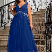 Cravure Plus Size Women's Solid Color Beaded Simple And Elegant Everyday Mesh Dress Maxi Women Outfit Wedding - azul real - Ver 6