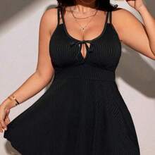 Swim Lushore Plus Size Women Summer Solid Color Front Tie Spaghetti Strap Tankini Beach Dress With Shorts Set - Negro - Ver 1