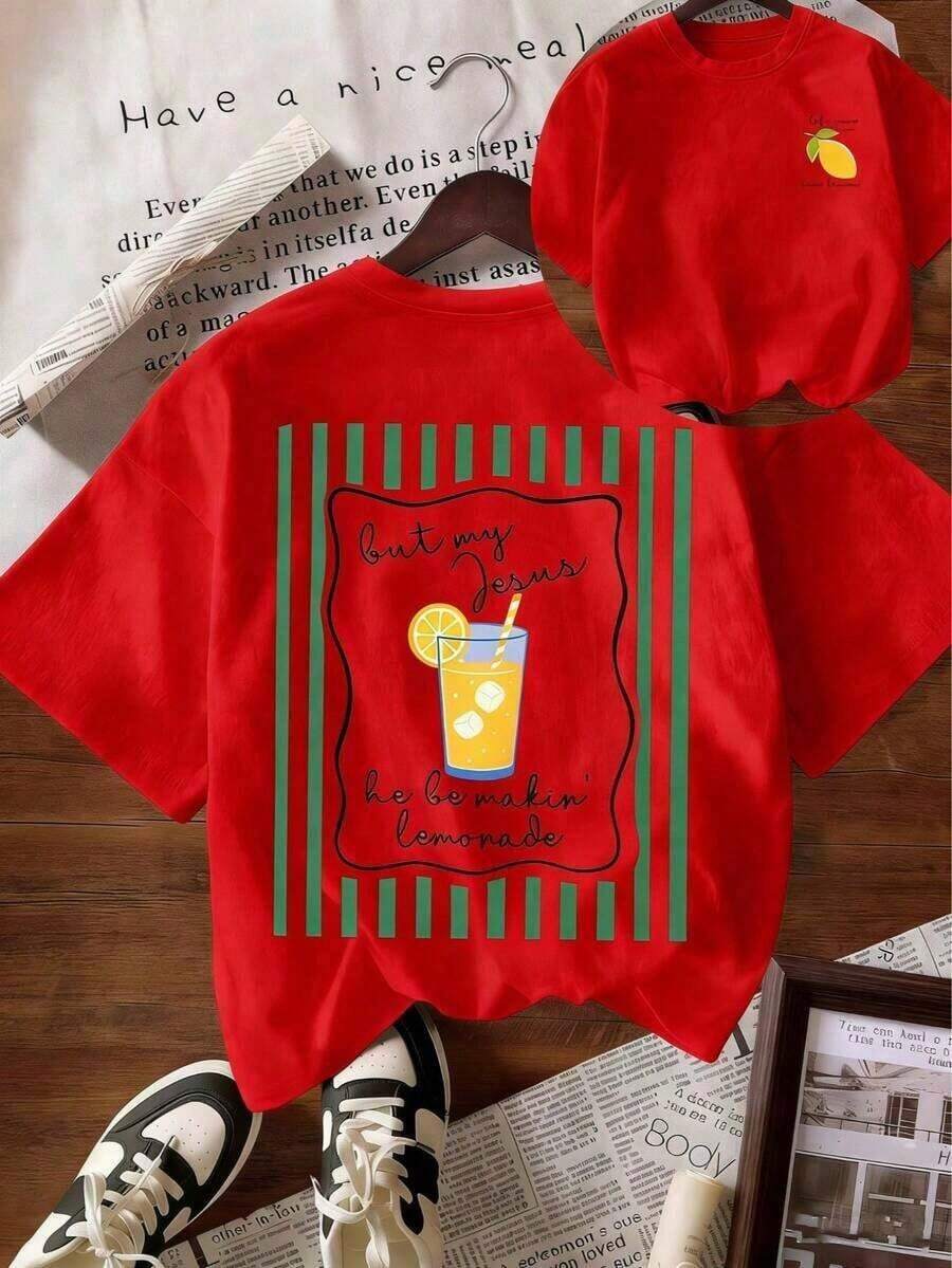 [100% Cotton] TaggedThreads Jesus Lemonade T-Shirt, But My Jesus Is Making Lemonade, Women's Graphic Tee, Casual Short Sleeve Crew Neck T-Shirt, Comfortable Summer, Autumn And Winter Styles - Unisex Everyday Wear For Women And Men For Campus - 紅色 - 查看 1