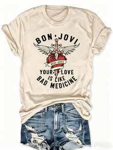 BON JOVI Band Printed Spring/Summer Casual Short-Sleeved Crew Neck T-Shirt, Relaxed Fit True To Color Casual Women's Wear Fashion Simple Oversized Friendly T-Shirt For Women - Màu be - Xem 13
