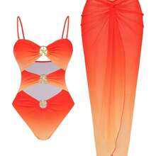 Swim Oasis 1 Piece Women's Hollow Metal Starfish Detail Removable Strap Wrap Chest One-Piece Swimsuit With Twist Design Printed Sheer Cover-Up Set, Summer Beach Vacation - Multicolor - Ver 7