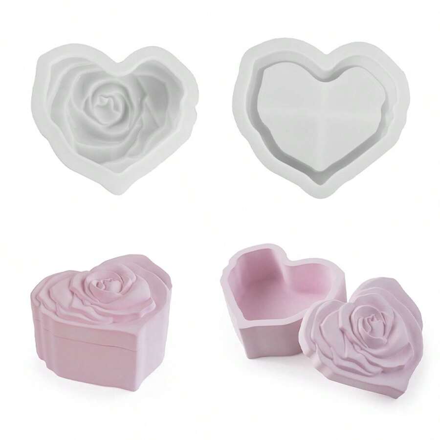 1 Set DIY Crystal Epoxy Resin Heart Rose Flower Candle Mold, Decorative Aroma Candle Mold, Heart Shaped Storage Box - Silicone Mold - View 1