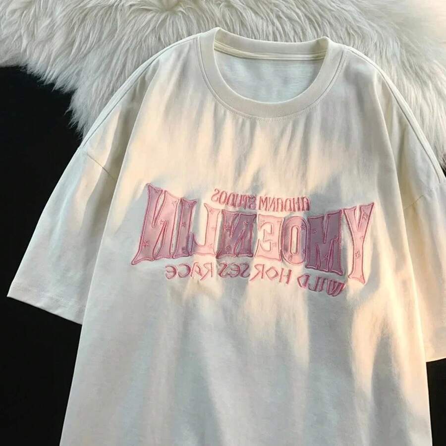 Camiseta para Mujer con Estampado Urbano Retro Americano, Cuello Redondo, Manga Corta, Diseño Streetwear Casual, Ideal para Verano - Blanco - Ver 1