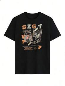 Retro Streetwear Short Sleeve T-Shirt In Orange And Gray.  Short Sleeve T-Shirt For Spring And Summer 2026, Made In Mexico, 180 Grams. Cartoon Print, Couple Design, Suitable For Indoor Or Outdoor Wear. Crew Neck, Unisex, Ideal For Office And Leisure. One-Pack. - BK-P631577SLNDXZGY404 - 查看 2