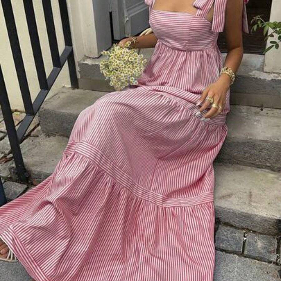SunnyBelle Blue Striped Square Neck High Waist Sleeveless Backless Spaghetti Strap Drawstring Maxi Dress, Sexy & Vacation Style, Spring/Summer - Multicolor - Ver 1
