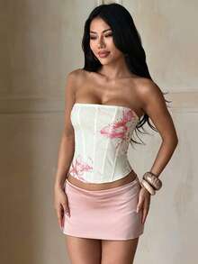 1pc Elegant Sexy Casual Floral Print Knit Fabric Zipper Tube Top, Suitable For Beach Vacation, Back To School, Bachelorette Party, Summer - Apricot - View 3