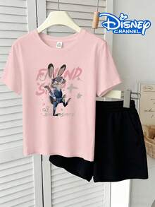 100% Cotton Disney Licensed Girls Zootopia Set - Judy Hopps Print Short Sleeve Tee & Shorts For Kids,Daily Casual Wear, Minimalist Commute Style, Apparel For Teenage & Older Girls, Girls Short-Sleeve Set, Kids Two-Piece Outfit - 粉色 - 查看 1