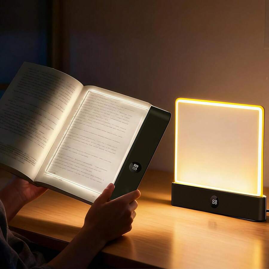 Platt boklampa, uppladdningsbar genomskinlig LED smart läslampa med 3 färger & timer, dimbar helsida panelplatta lampa, ögonskydd, bärbar platt läslampa för sängbord, student, studier, arbete