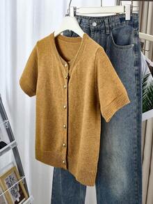 Cárdigan de botones gris para mujer - Cárdigan casual y de moda de manga corta, elástico, silueta en forma de H, adecuado para primavera y verano, diseño con detalle de punto acanalado, cierre de botones, tela transpirable, estilo cárdigan, artículo esencial de primavera/verano - Mostaza Amarilla - Ver 1