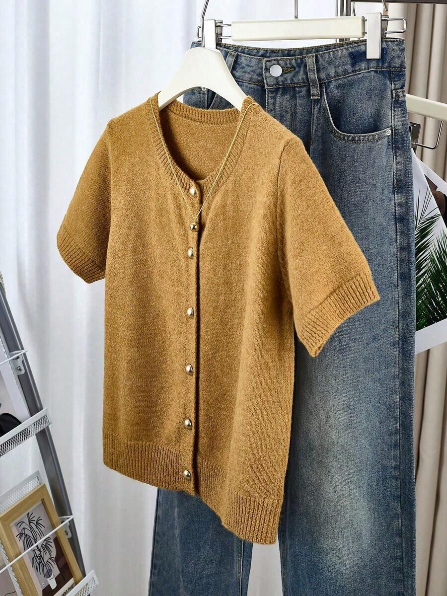 Cárdigan de botones gris para mujer - Cárdigan casual y de moda de manga corta, elástico, silueta en forma de H, adecuado para primavera y verano, diseño con detalle de punto acanalado, cierre de botones, tela transpirable, estilo cárdigan, artículo esencial de primavera/verano - Mostaza Amarilla - Ver 1