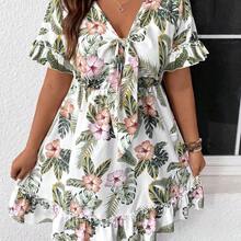 Plus Size Women's Plant And Floral Print Front Tie Dress, Suitable For Summer - Verde - Ver 6