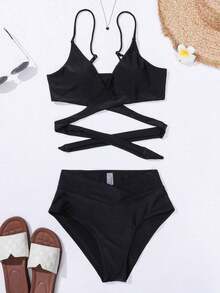Swim Vcay Bikini minimalista de unicolor 2025, ropa de baño de playa de vacaciones de verano - Negro - Ver 3