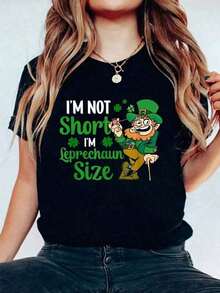 I'm Not Short, I'm Leprechaun Size, Irish St. Patrick's Day T-Shirt For Women, Graphic Print Tee, Casual Short Sleeve Crew Neck Top, Cotton Knit, Regular Fit, For All Seasons. NSYS 8ZHV - 黑色 - 查看 7