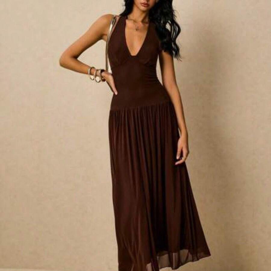 Women's Polka Dot Print Casual Sleeveless Long Dress - Marrón - Ver 1