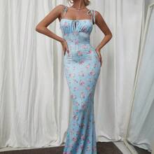 Women's Floral Print Ruched Front Tie Fitted Elegant Dress Vacation Party Summer - Azul y blanco - Ver 2