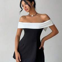 Valentine's Day Off Shoulder Black & White Bowknot Dress, Fairycore,Graduation,Graduation Dresses For Women,Back To School Dress,Summer Dress,Elegant Dresses For Party,Weddings & Events,Elegant Ceremony Dresses - Blanco y Negro - Ver 3