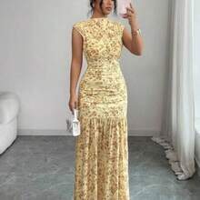 Elenzya Yellow Printed Ruched Waist Slit Elegant Dress For Women - Amarillo claro - Ver 1