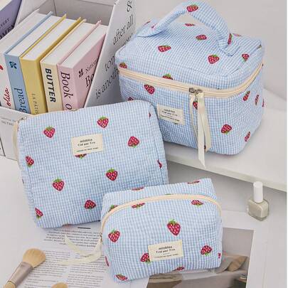 Cute Blue Strawberry Pattern Cosmetic Bag Set - Multifunctional Handbag For Women, Large Capacity Storage For Makeup Tools And Travel Essentials. Can Hold Brushes, Lipsticks, Eyebrow Pencils, Coins, Mirrors, Cosmetics, Skincare Products And Travel Necessities. Ideal For Wedding Essentials, Room Decor, Bathroom Storage And Holiday Gifts.