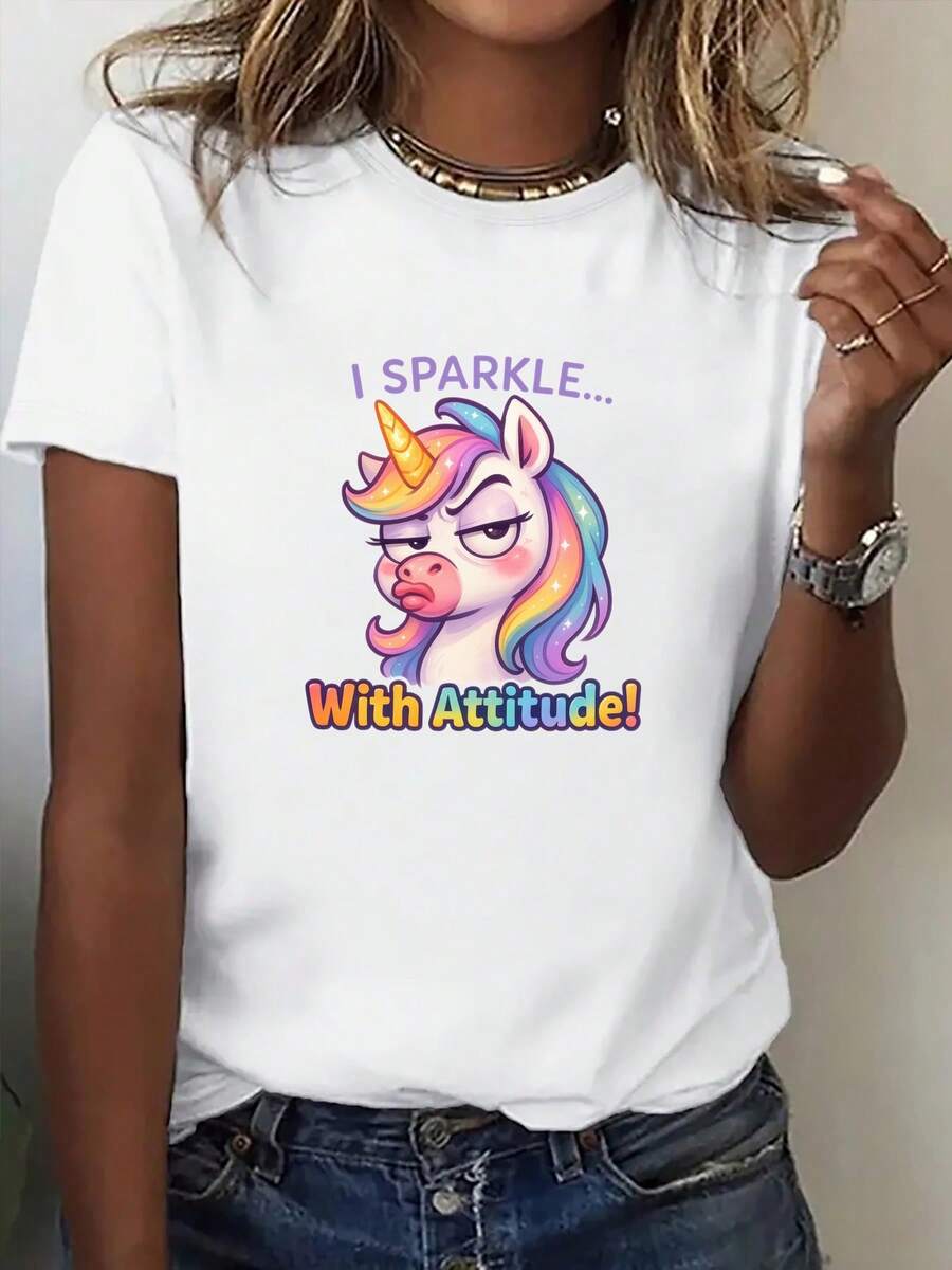 Camiseta de manga corta estamp para mujer, camiseta de cuello redondo dulce y moderna con estampado de unicornio "I Shine And Have a Temper", conjunto deportivo casual de verano de manga corta con estampado llamativo. Camiseta b£sica de verano c￳moda.