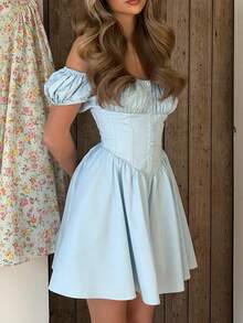 Vestido mujer cuello cuadrado manga burbuja con hueso moldeador, estilo dulce y sexy, corte ajustado - Azul - Ver 3