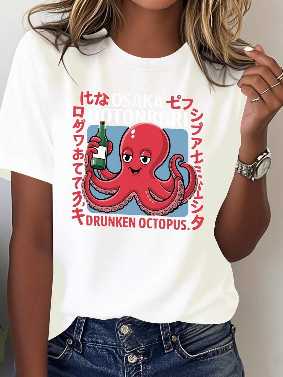 Osaka Dotonbori Women's T-Shirt With Drunken Octopus Design - Inspired By Japanese Anime, Octopus Print, 100% Comfortable For All Seasons, Machine Washable, Ideal For Anime And Japanese Culture Lovers - 白色 - 查看 1