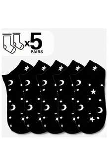 1/5 paires de chaussettes courtes d'été japonaises pour filles, motif étoiles et lune mignon. Chaussettes décontractées pour femmes avec motif céleste. Série de couleurs macaron, convient pour le port quotidien et les vacances - Multicolore - Voir 15