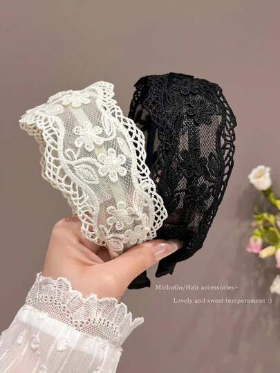 Lace Mesh Wide-Brimmed Headband, Elegant Hairband For Bun Hairstyle