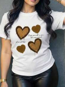 Un cómodo y transpirable blusas casuales para dama,Playeras de mujer ligeras imprescindibles para el verano,Playera manga corta con estampado de Corazones - Blanco - Ver 6