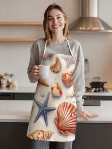 1 pieza, Delantal de poliéster con estampado de estrella de mar, concha, medusa y pez, adecuado para cocinar, hornear y jardinería - se puede usar como vestimenta para la cocina y el comedor. - Multicolor - Ver 2