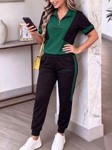 Spring/Summer Women's 2-Piece Set, Casual Fashion Sports Versatile Contrast Color Zipper Polo Collar Printed Short Sleeve Top And High Waist Striped Capri Pants Elegant - Dark Green - View 2