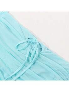 Vestido corto unicolor de primavera y verano, manga larga con volante de tul, corte ajustado con pliegues y cordón, estilo europeo - Azul - Ver 3