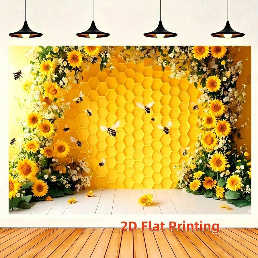 Hình nền họa tiết tổ ong màu vàng ấm áp với cánh đồng hoa hướng dương và những chú ong đang bay, mang phong cách đồng quê tươi mát, in phẳng 2D, phù hợp cho các sự kiện mùa xuân, chụp ảnh cưới, tiệc sinh nhật và các bữa tiệc theo chủ đề đồng quê, tạo nên một bầu không khí ấm áp và thư thái tự nhiên. - A - Xem 1