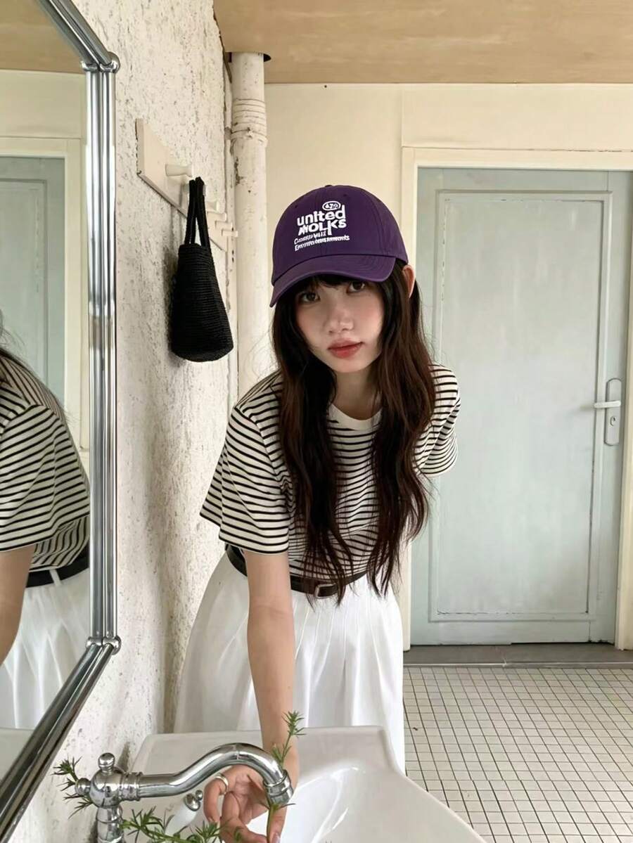 1pc Letter Embroidery Baseball Cap, Spring & Summer Style For Men & Women, Versatile Large Head Size Wide Brim Sun Protection Face Slimming Peaked Cap - Multicolor - View 1