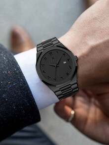 Đồng hồ VA VA VOOM 1 chiếc màu đen, mặt số Ả Rập, thép không gỉ, dành cho nam, lịch đa năng, phong cách công sở thường ngày, đồng hồ thạch anh đơn giản. - Kiểu thép không gỉ - Xem 4
