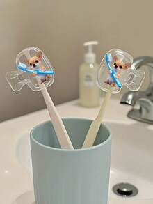 Cute Chihuahua Holding Blue Toothbrush Pattern Portable Toothbrush Holder Set, Includes Toothbrush Cover, Travel Toothbrush Case, Toothbrush Head Protector, Toothbrush Holder, Dust-Proof Toothbrush Protector, Suitable For Home And Travel Use, Travel Toothbrush Holder, Keeps Your Toothbrush Clean And Maintains Oral Health - A - View 2