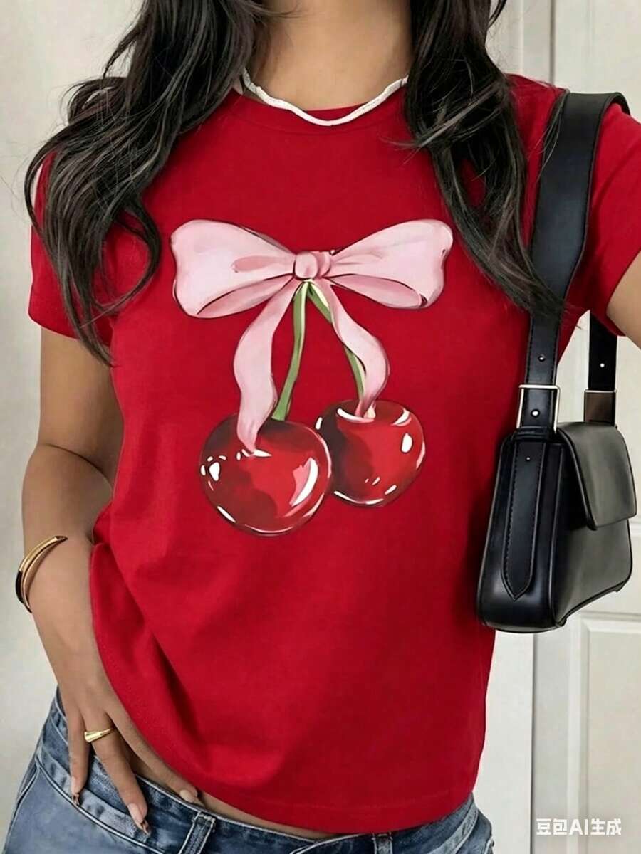 Playera Negra Liso de Mujer Ajustada, Camia Estética Coquette Y2K con Gráfico de Cereza y Moño Rosado, Tops de Moda Juvenil y Casual, Blusas Bonitas Elegantes para Mujer, Ropa Vintage de Verano, Camisas LindasAdecuado como regalo. playera de mujer. blusas>elegantes. boho chic,Exquisita camiseta estampada de cuello redondo para mujer, ideal para varias estaciones, perfecta para vacaciones, viajes y días festivos. - Rojo - Ver 1