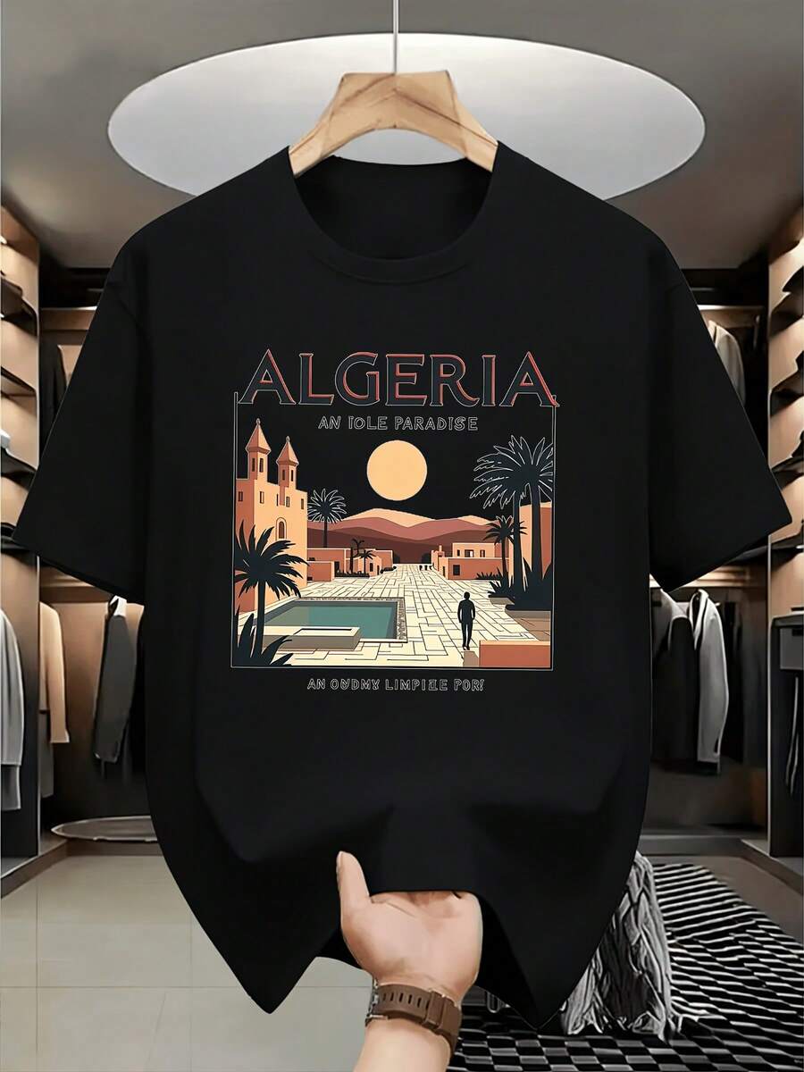 Camisa retro americana de manga corta - Camiseta con estampado algerio para hombre - Estilo vintage, suave y transpirable, adecuada para actividades de ocio al aire libre, diseño de estampado llamativo, camisa de verano de manga corta con cuello redondo, camiseta vintage, blusas casuales para mujer, camisa con estampado gráfico, camisetas de algodón, tallas grandes, camiseta casual de talla grande para hombre, tops de verano, camisa con estampado de dibujos animados. - Negro - Ver 1