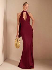 Vestido de punto de tirantas con escote profundo, espalda con lazo y cola de pez, color rojo sólido, sexy y elegante, adecuado para cócteles, citas románticas, capas en otoño/invierno, fiestas, bodas de damas de honor, salidas nocturnas, Halloween y Navidad - Burdeos - Ver 4