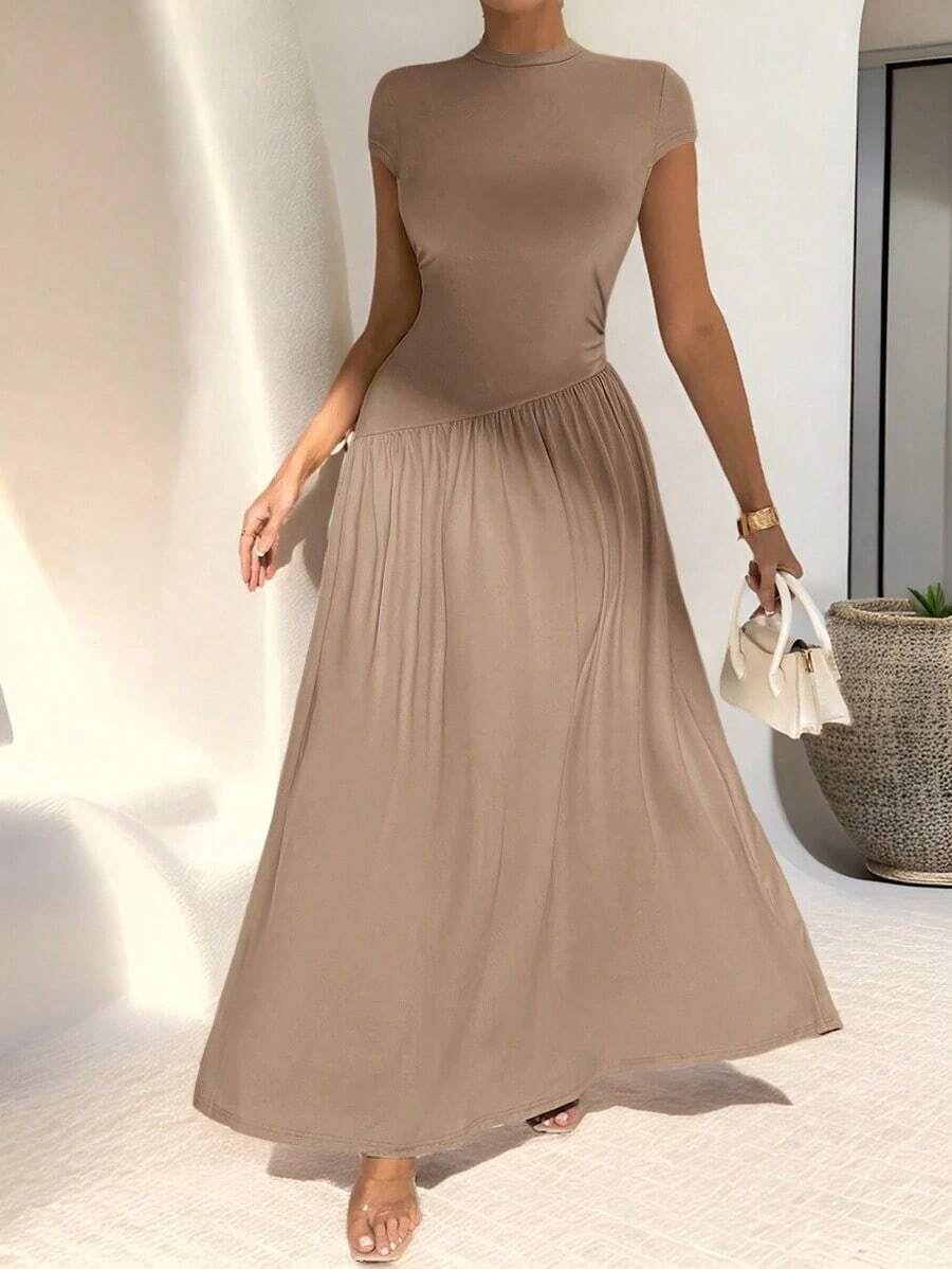 Vestido de línea A de manga corta, de cuello, ajustado, con bajo asimétrico, de uso diario, de estilo minimalista y elegante - Caqui - Ver 1