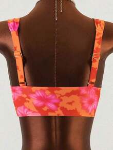 Conjunto de bikini de 2 piezas con parte superior de tirantes con estampado de color aleatorio y shorts de cintura alta para mujer, para vacaciones en la playa - Naranja - Ver 6